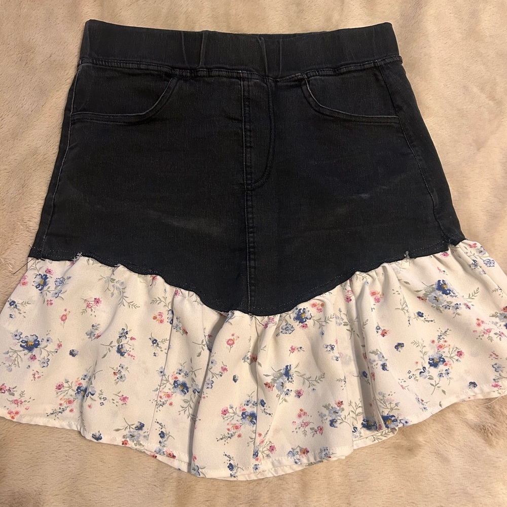 Floral Asymmetrical Denim Skirt